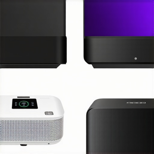Portable, 4K, and UST Projectors Comparison Visual comparison of different types of projectors in a home environment.