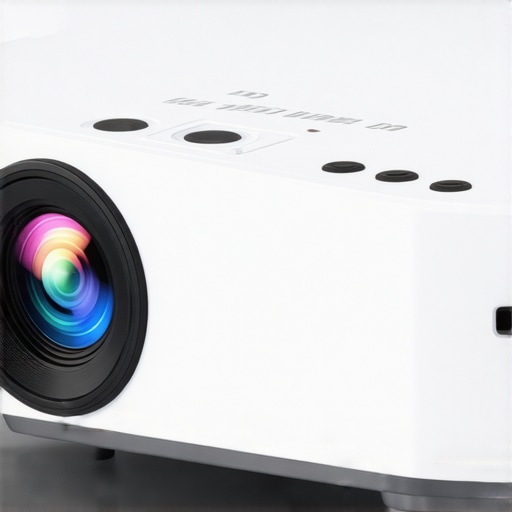 Close-up of a portable laser projector highlighting its material finish and controls