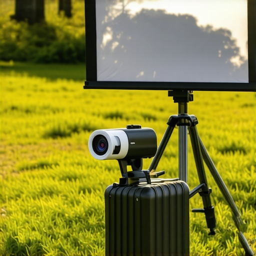 Portable projector outdoors facing sunlight and weather elements.