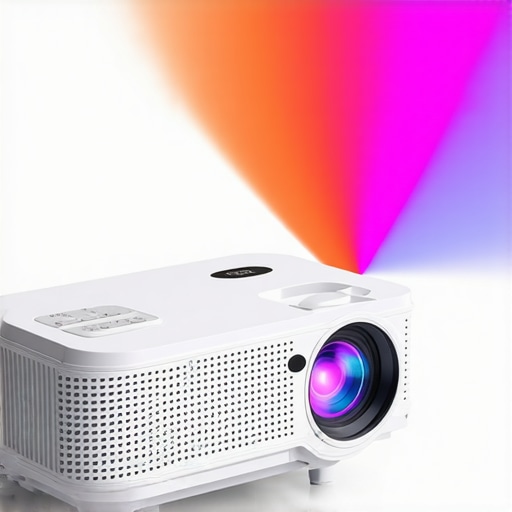 Portable Projector in Action A portable projector displaying a bright image on a wall during outdoor evening setup.
