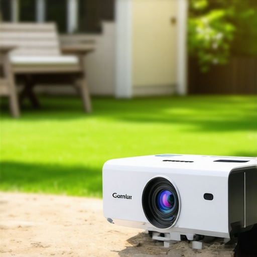 Portable outdoor projector with advanced features A portable outdoor projector demonstrating auto-focus and keystone correction in a backyard setting.