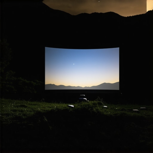 Portable projector setup outdoors at night with rugged terrain