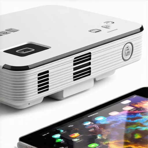 Close-up of portable projector showing HDMI and USB ports with connected tablet.