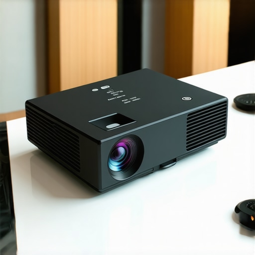 A sleek, modern 4K projector showing adjustable lens features in a home theater setting
