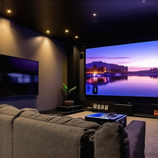 A luxurious home theater with a 4K projector and large screen
