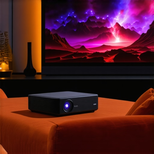 Premium Laser Home Theater Setup Laser projector displaying cinematic image in a sleek home theater