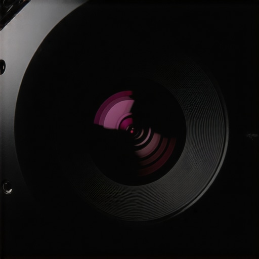 Close-up of a projector lens with fine adjustment controls mounted on a sturdy bracket.