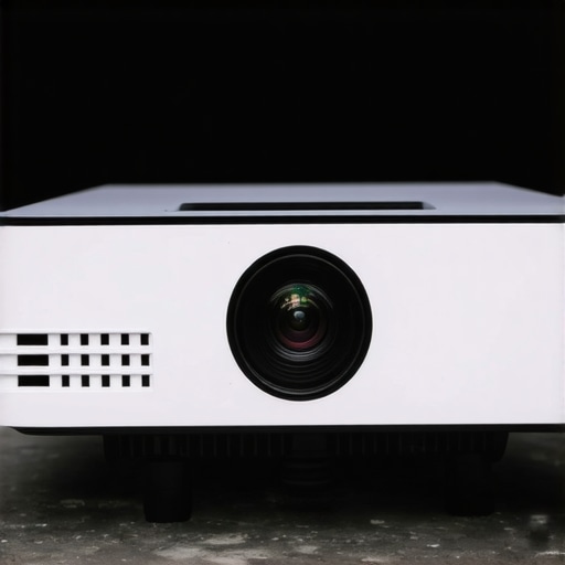 Close-up of a portable projector's lens and buttons in outdoor evening setting.