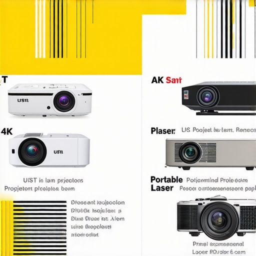 Visual comparison of different projector types including UST, 4K, portable, and laser projectors.