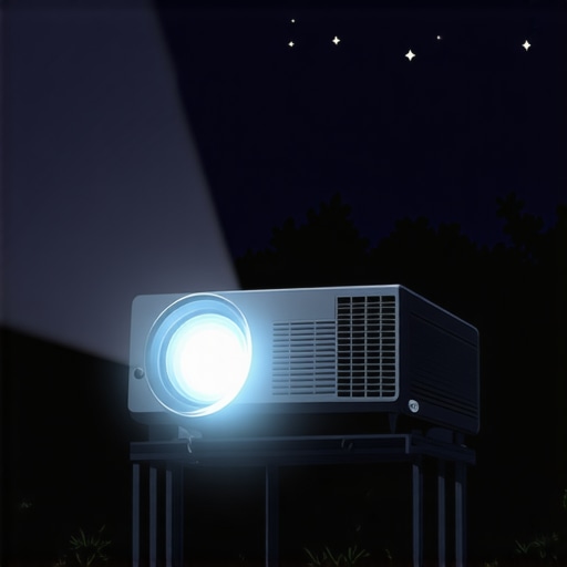 Projector Performance Under Stress A projector running outdoors at night during a movie marathon with visible cooling vents and bright image