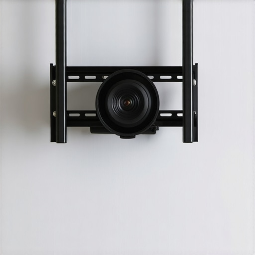 Wall-mounted projector bracket with adjustable arms in a modern living room.