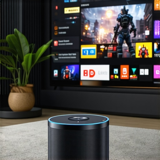 Showcasing a Smart Projector with Cloud Gaming Apps A modern smart projector displaying cloud gaming apps on a large screen in a stylish living room
