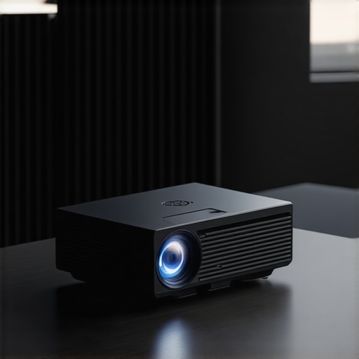 A modern 4K home projector with minimalist design and matte black finish
