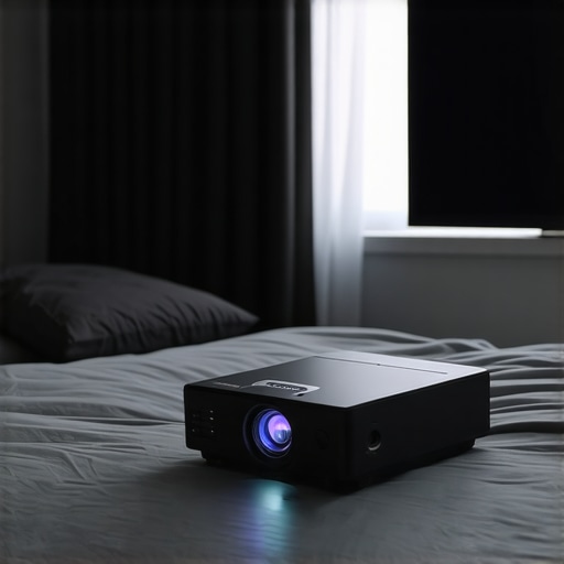 Small Bedroom Setup with 4K Projector A compact projector mounted on a shelf projecting a bright, high-resolution image onto a wall in a bedroom.