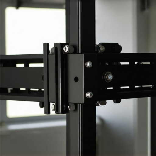 Close-up view of a durable steel projector mount installed on a ceiling, showcasing adjustment features.