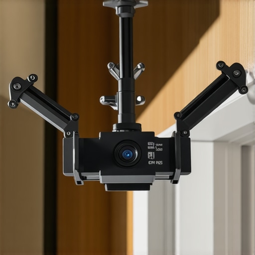 A sturdy metallic projector mount bracket with adjustable arms installed on a sloped ceiling.