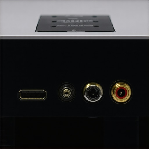 Audio Ports on Modern Projector Close-up of HDMI, optical, and coaxial audio outputs on a projector for home theater setup.