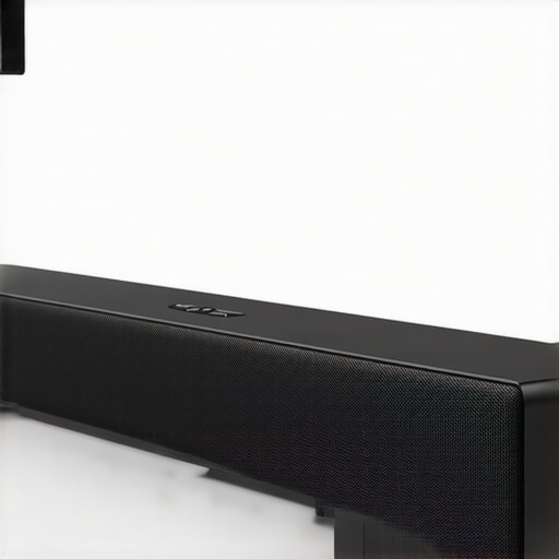 Budget Soundbar Close-up Close-up image of a sleek, matte black budget soundbar showing control buttons and textured grille