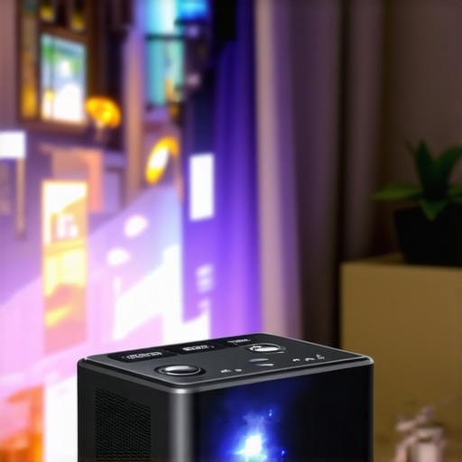 Compact Portable Projector in Home Environment Small portable projector projecting onto a wall in a living room