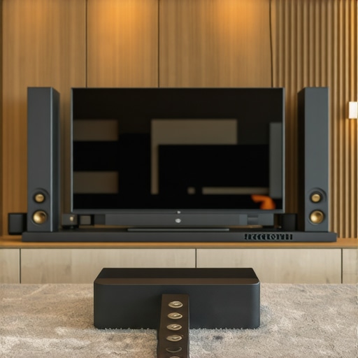 A stylish living room with a modern home theater system and sleek speakers.