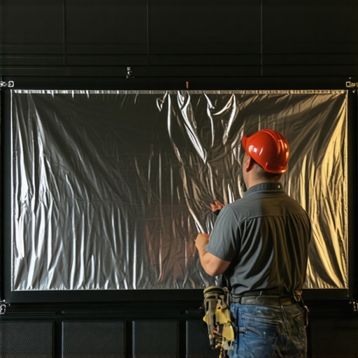 DIY Reflective Material Installation for Contrast Boost Person installing reflective foil behind a home projector screen, demonstrating tensioning and mounting technique.