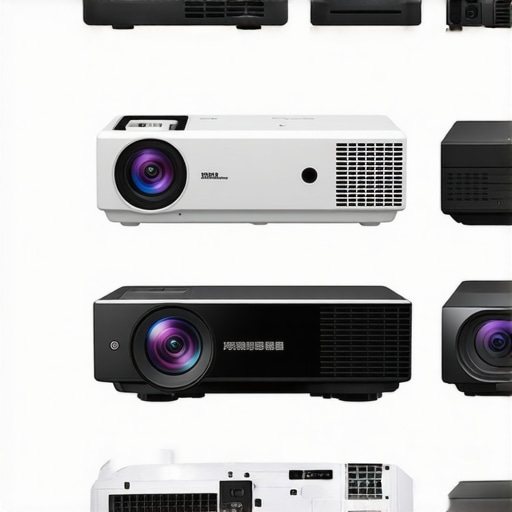 Different models of portable projectors showcasing materials and control panels.