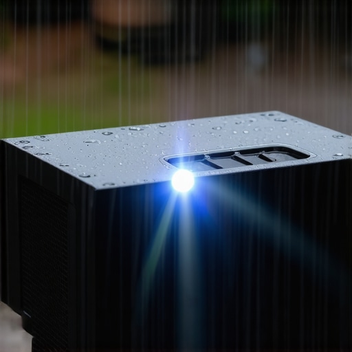Close-up of a laser ultra-short throw projector outdoors during rain