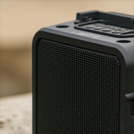 Durable Outdoor Bluetooth Speaker Close-up of rugged waterproof Bluetooth speaker outdoors.