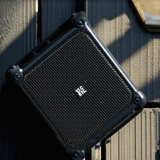A rugged outdoor portable speaker with weatherproof casing and control buttons