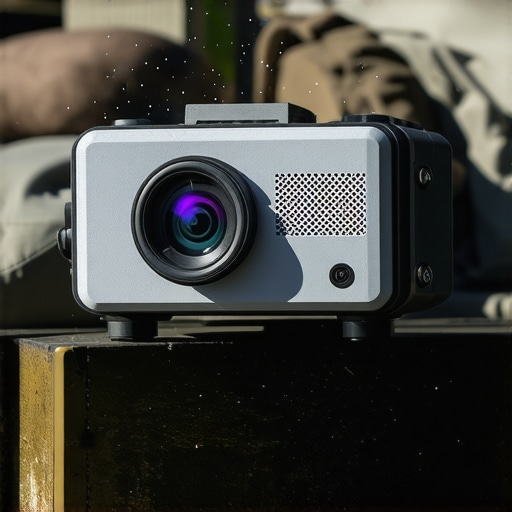 Durable Portable Projector Design Close-up of a rugged portable projector with sealed case, suitable for outdoor use in light rain