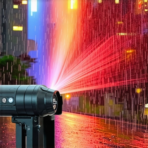 Portable laser projector in rainy outdoor setting