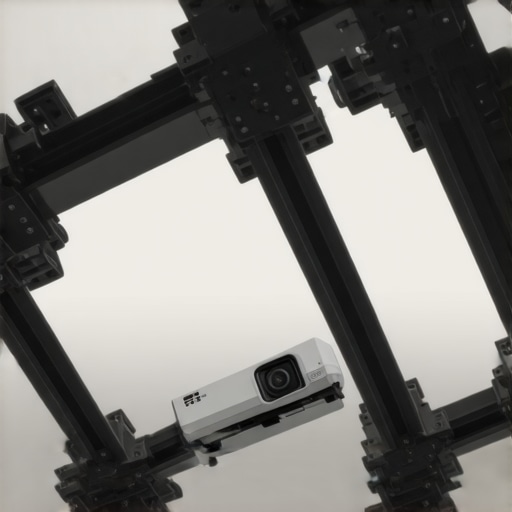 Heavy-Duty Mount Close-Up Close-up of a steel ceiling mount with adjustable joints and locking screws supporting a projector.