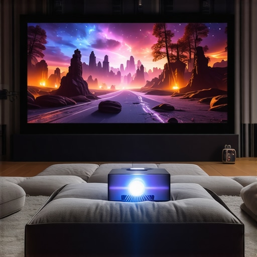 High-Performance Home Theater Setup A modern home theater featuring a 4K laser projector displaying vivid images in a well-ventilated room.
