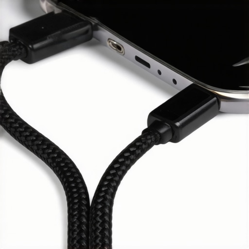 High-Quality HDMI Cable Connection Close-up view of a braided HDMI cable plugged into an iPhone and a portable projector, highlighting durability.