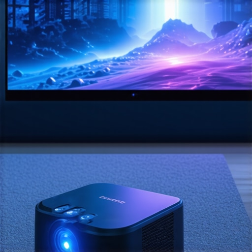 Home Theater Projector Setup Portable projector projecting onto a wall in a cozy home theater environment.