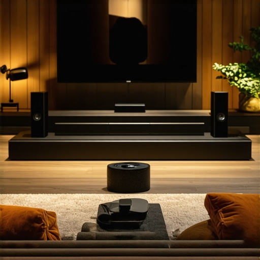 Home Theater Setup Visualization Living room with a soundbar and surround speakers