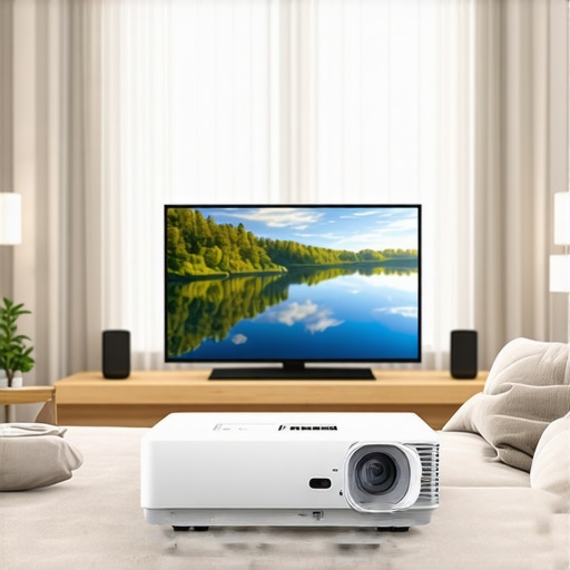 Home Theater Setup with All-In-One Projector A sleek all-in-one projector system installed in a cozy living room showing its compact design and setup