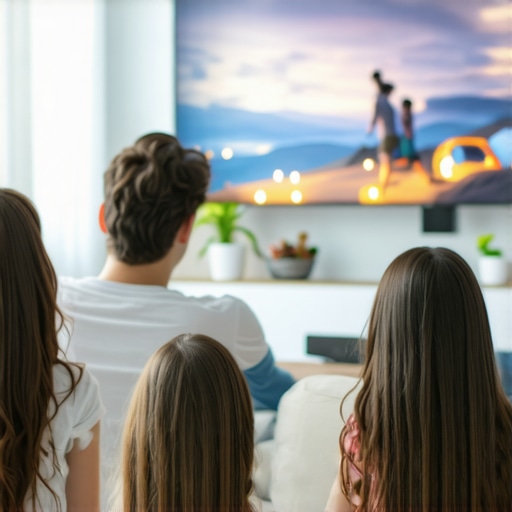 Family enjoying a movie in a well-lit living room using a projector