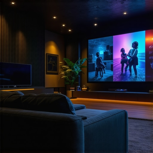 Home Theater vs Laser Projector Comparison Living room showing a big TV screen and a laser projector side by side.