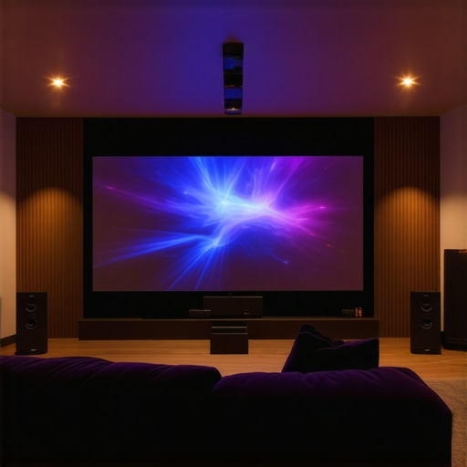 A modern living room featuring a large 4K laser projector displaying vibrant visuals on a wall-mounted screen.