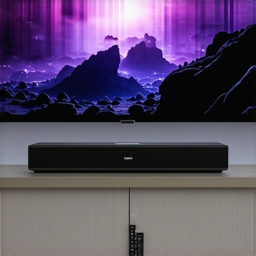 A stylish soundbar positioned under a 4K laser projector in a contemporary living room.