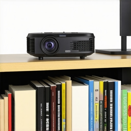 Illustration of a tension-mounted projector setup on furniture A tension-mounted projector on a bookshelf with adjustable arms