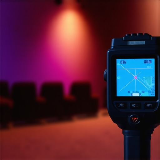 A hand holding a laser distance meter measuring a wall in a home theater room.