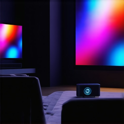 A laser projector displaying a vivid image on a wall in a dimly lit room.