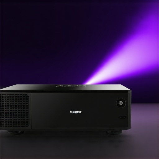 A laser projector displaying vivid 4K HDR image in a dark room.