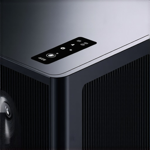 Laser projector build and controls A sleek laser projector with metallic finish and illuminated control panel.
