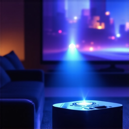 Laser projector during a movie night Indoor scene showing a laser projector displaying a movie in a home theater