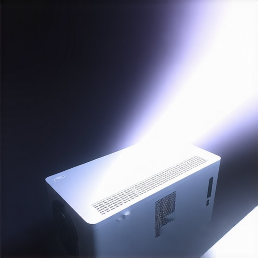 A laser projector in a dark home theater setup displaying bright 4K content with visible cooling features.