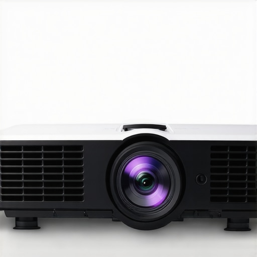 Close-up image of a laser projector showing lens and cooling vents in a home theater