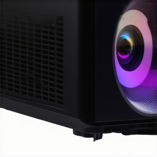 A sleek LuminaTech LuxPrime laser projector with metal chassis and adjustable feet.